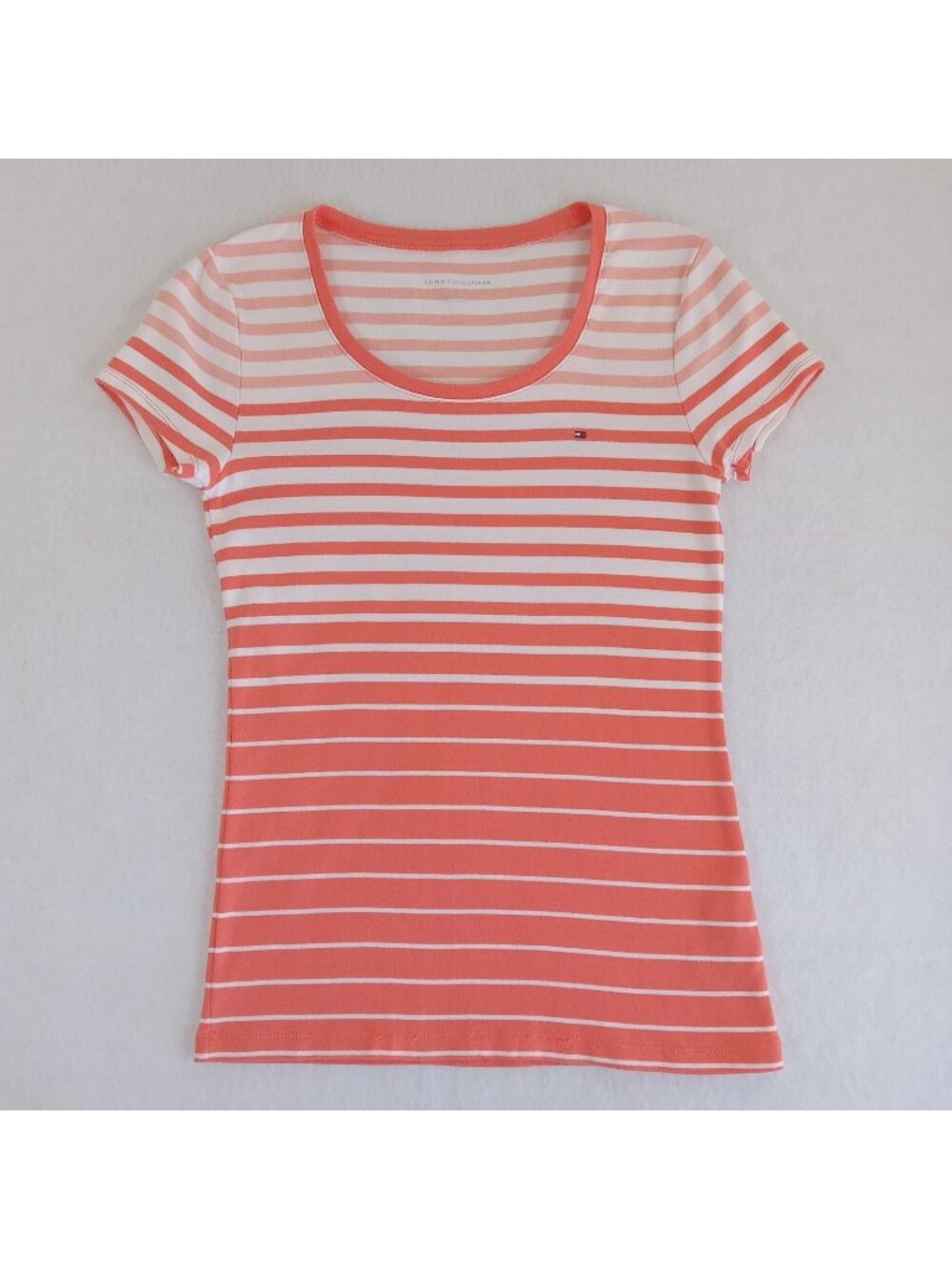 Tommy Hilfiger Coral White Striped Cotton Scoop Neck T-Shirt Top Slim MEDIUM M